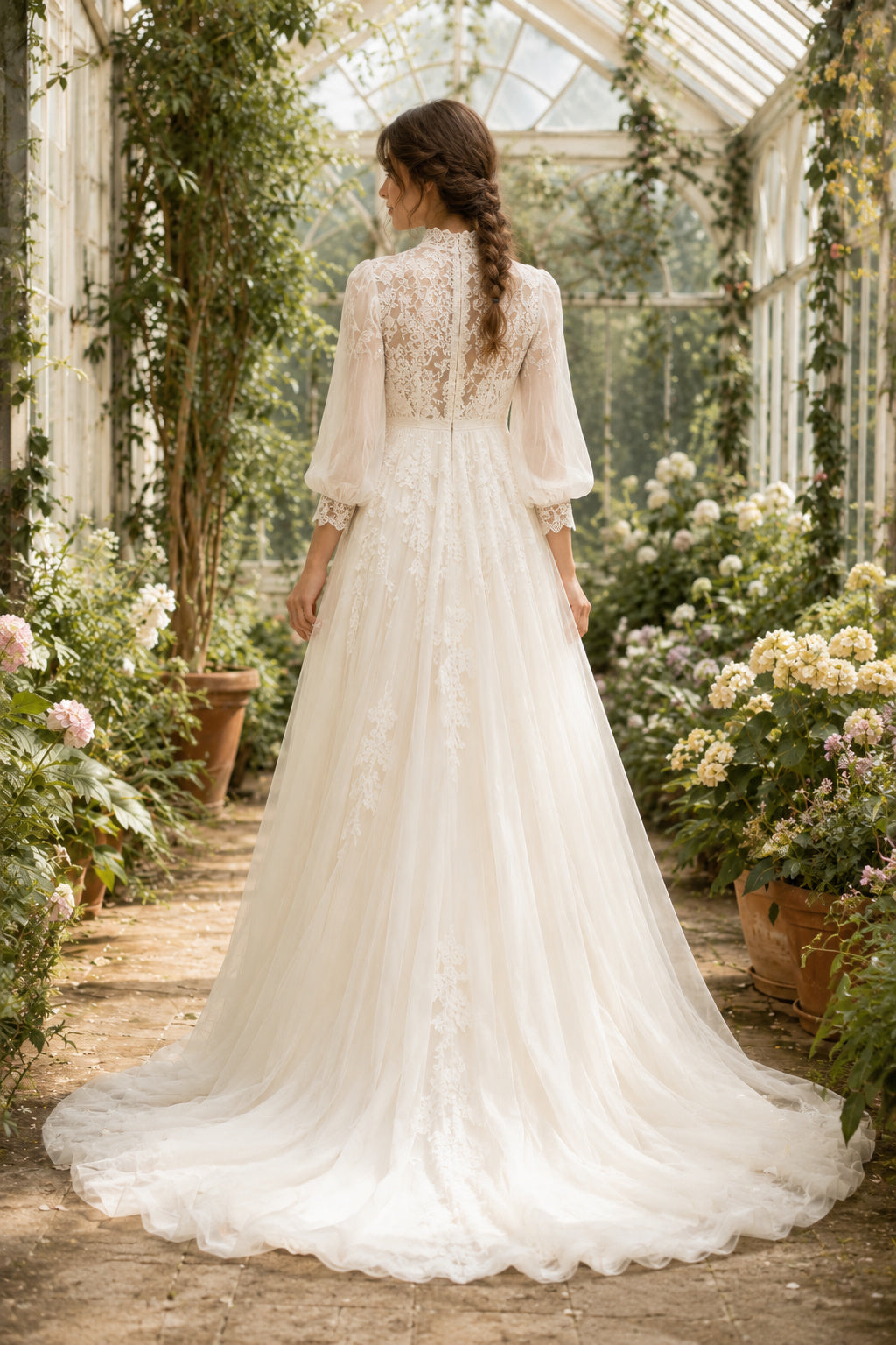 Ivory Boho High Neck A-Line Soft Tulle Wedding Dress with Long Puff Sleeves and Sweep Train Style MG_701334 back view