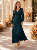 Peacock V-Neck Long Puff Sleeve Satin A-Line Midi Wedding Guest Dress front view