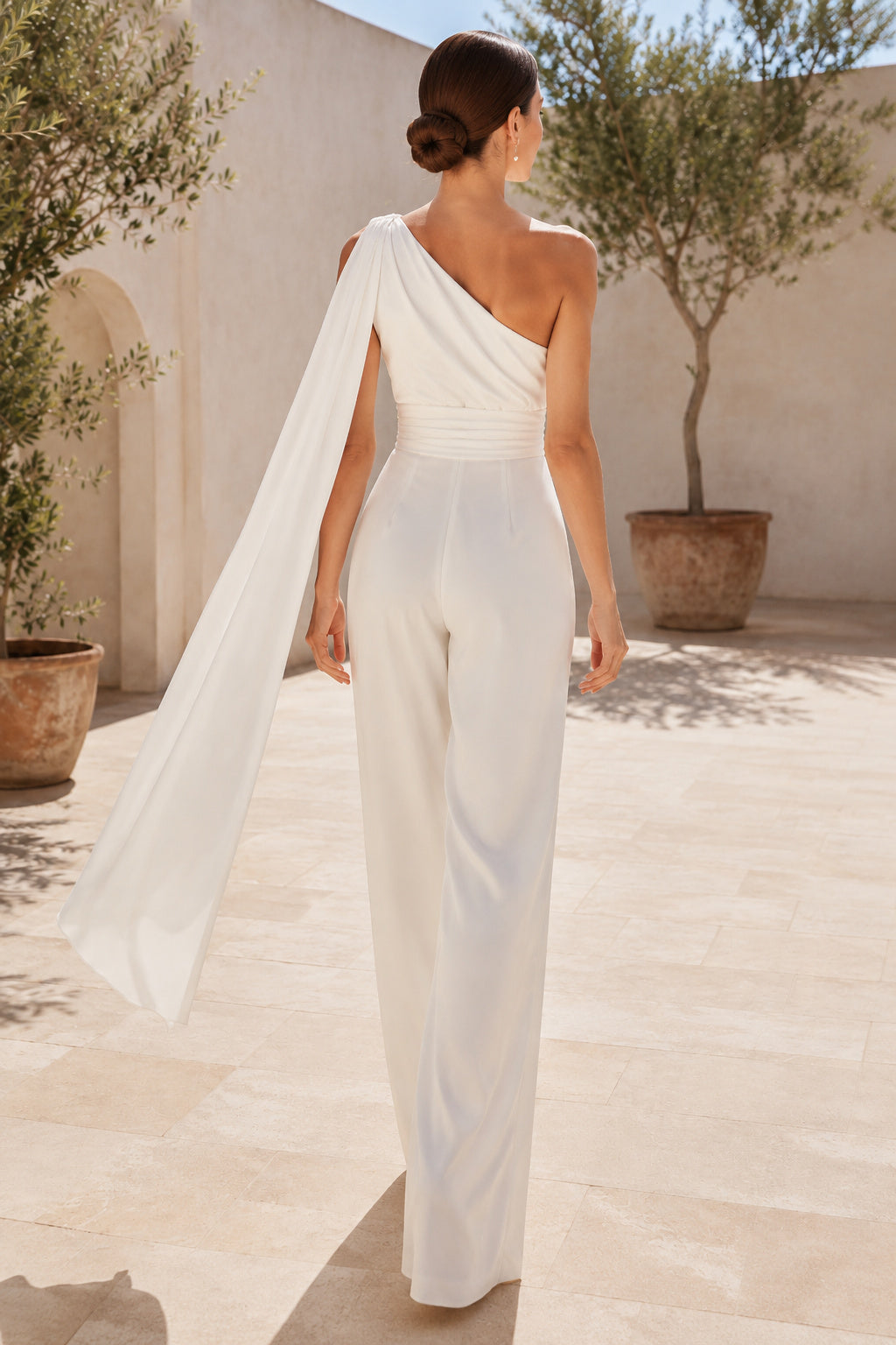 White One Shoulder Cape Satin Wedding Jumpsuit Style 720376 back view