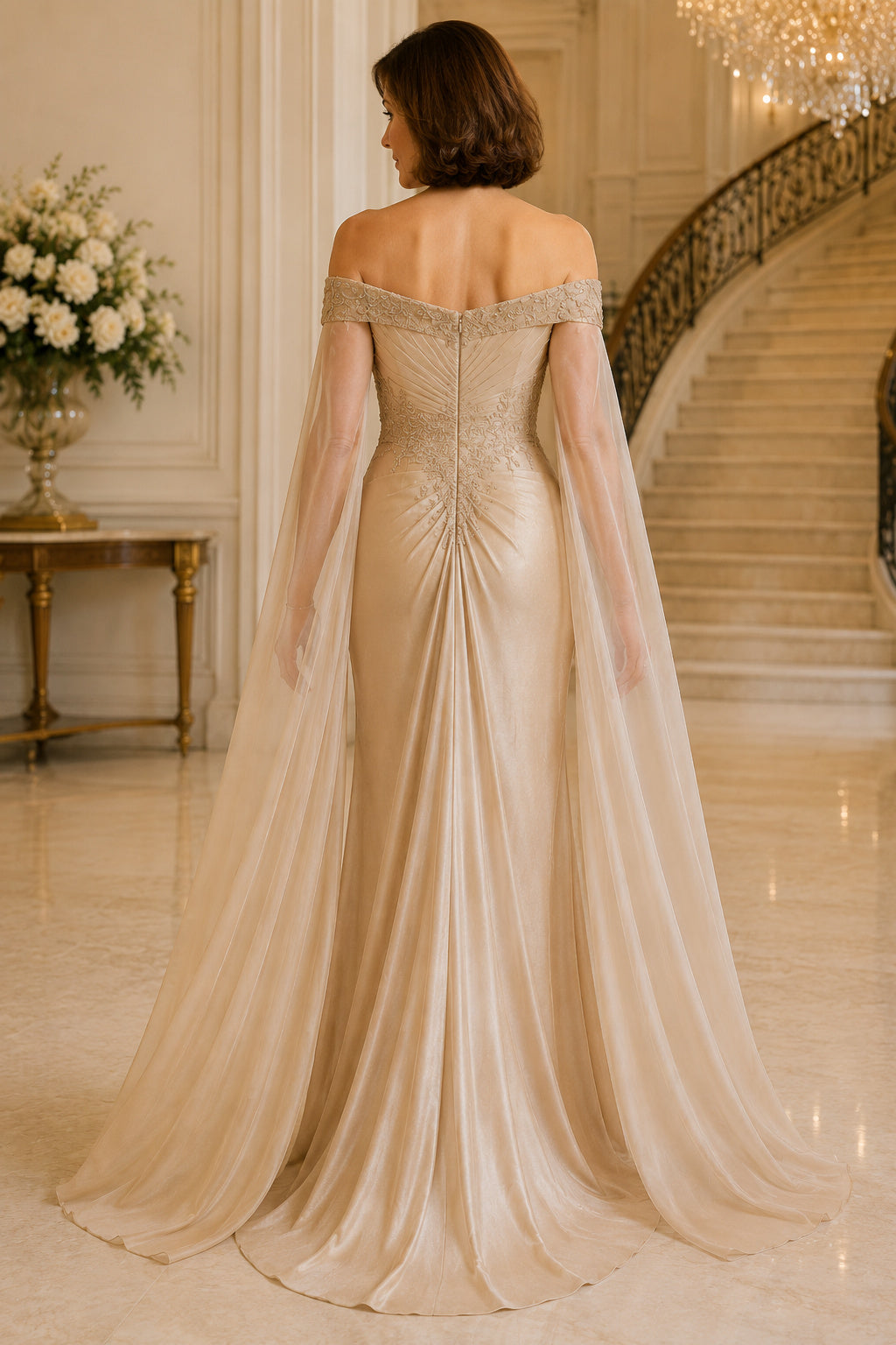 Champagne Off-the-Shoulder Mermaid Mother Dress with Chiffon Cape Train back view