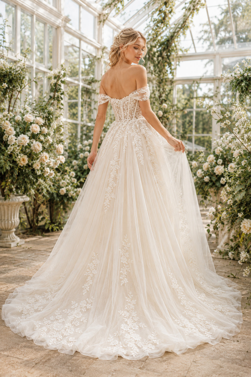 Ivory Off-the-Shoulder Corset A-Line Wedding Dress with Tulle Skirt and Chapel Train back view