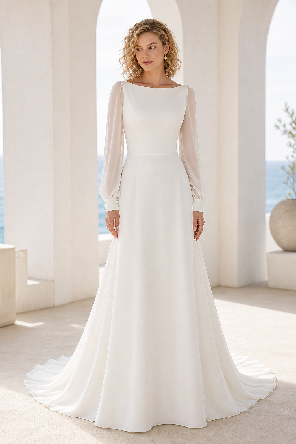 White Sweetheart A-Line Crepe Floor-length Wedding Dress With Beaded Bodice and Pleated Skirt and Open Back