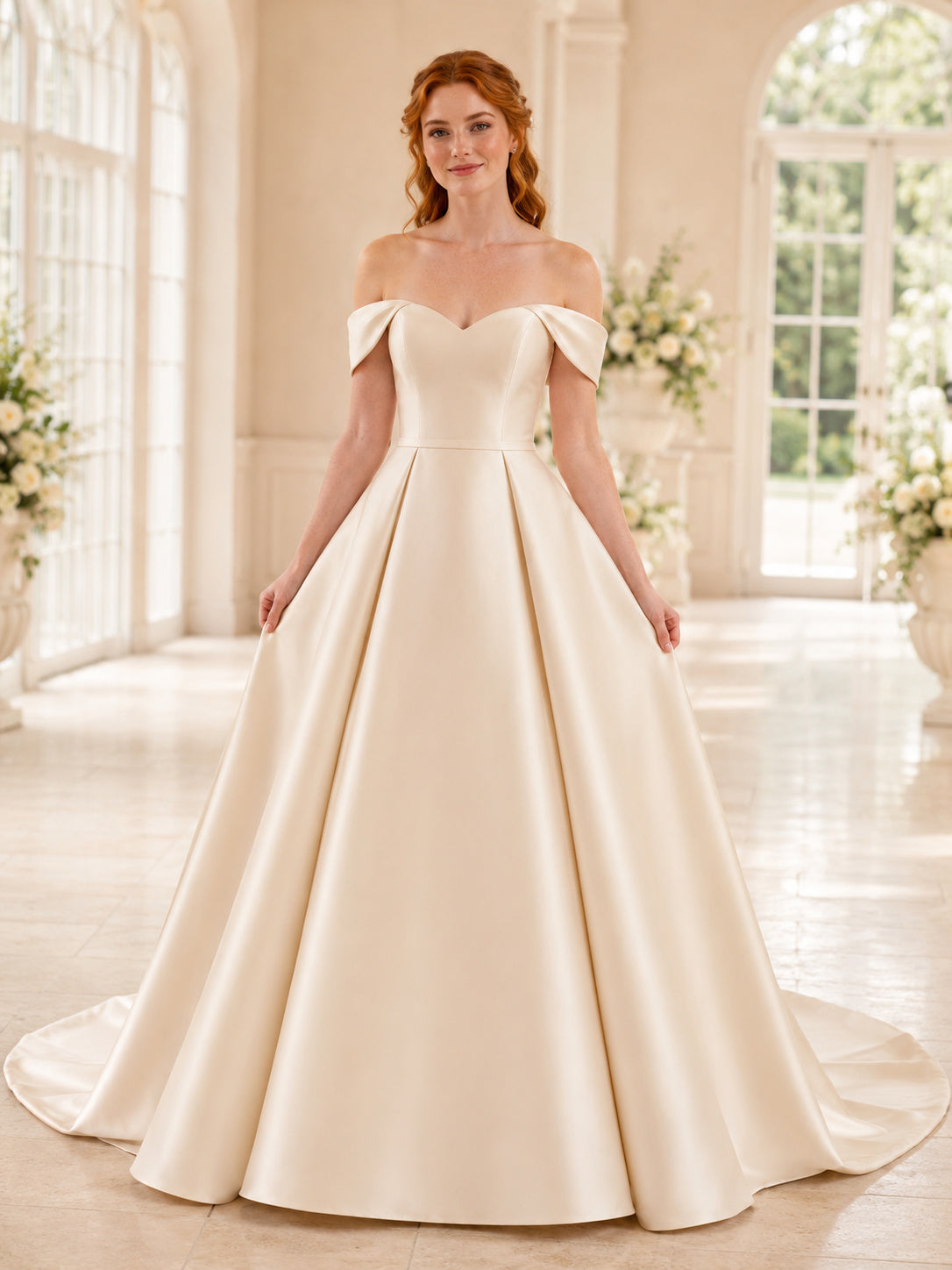 Off Shoulder Sweetheart Satin Court Ball Bridal Gown front view