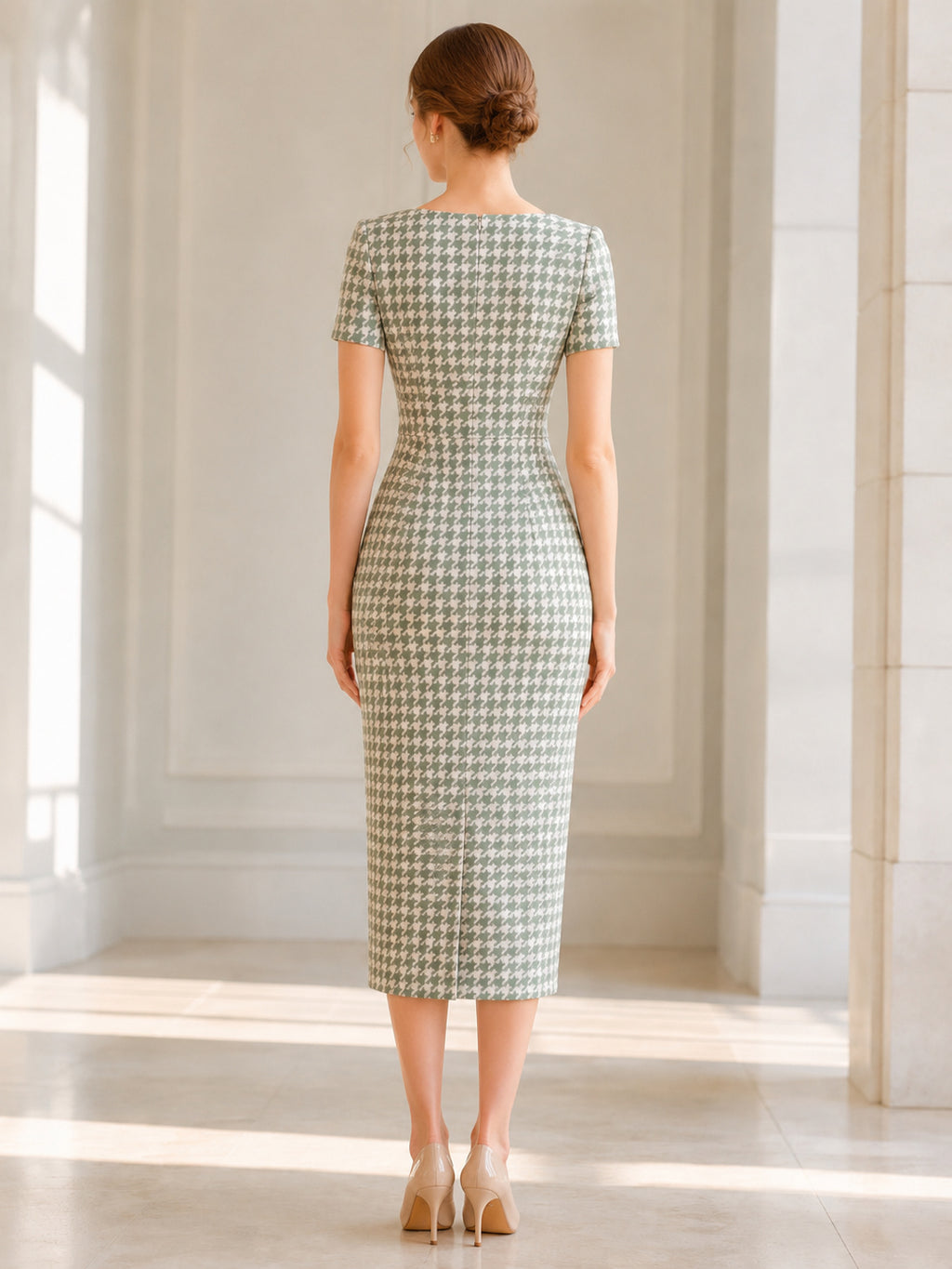 Mint Houndstooth Bateau Short Sleeve Tailored Midi Dress back view