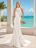 Cowl Halter Satin Mermaid Low Back Chapel Train Destination Wedding Gown front view