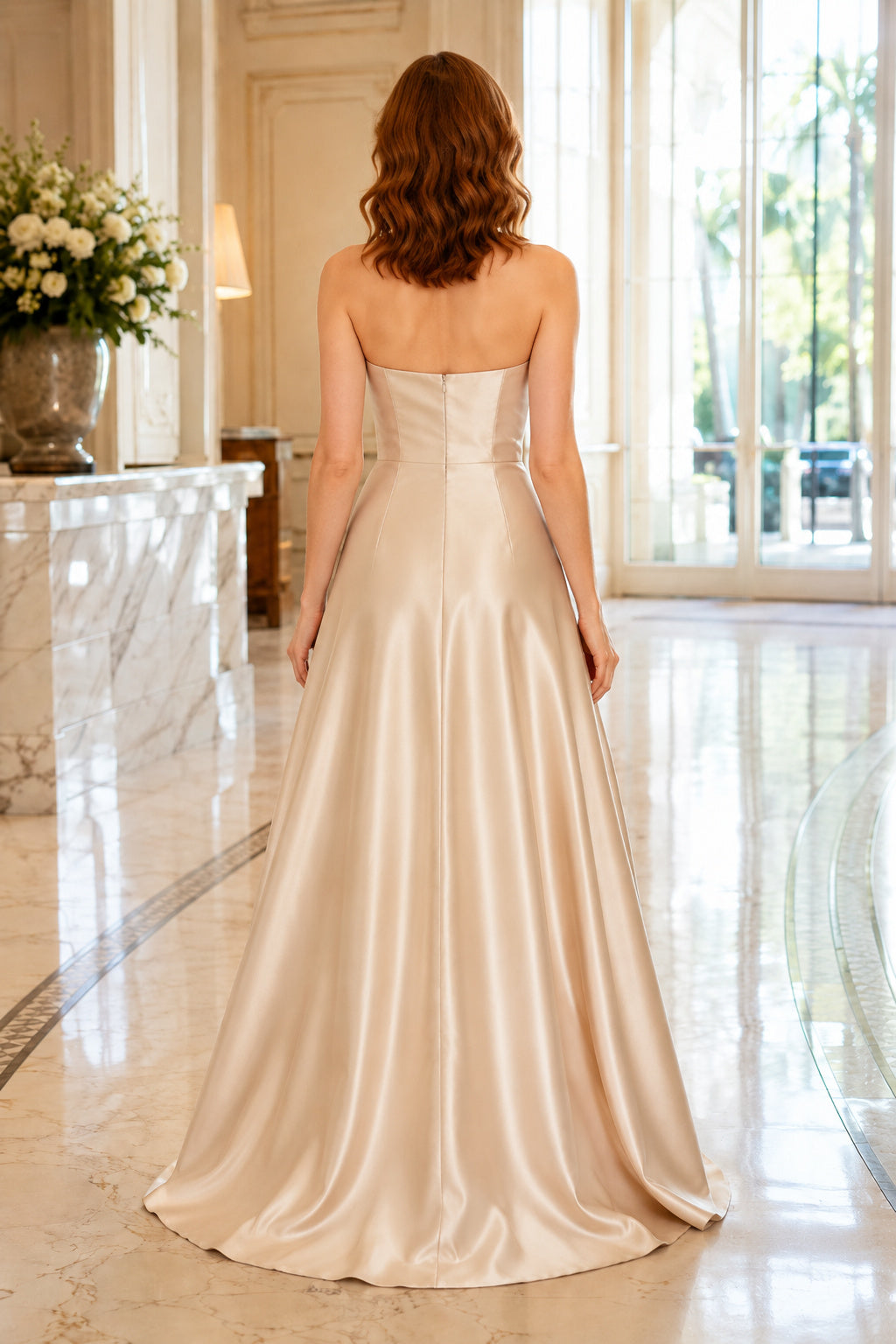 Champagne strapless satin A line dress with thigh slit and softly pleated skirt Floor-length A-Line Prom Dress back view