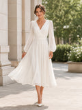 Vintage Chiffon Wedding Dress A-Line V-Neck Long Sleeve Tea Length Bridal Gown front view