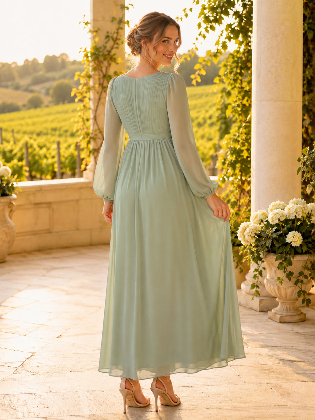 Sage V Neck Long Poet Sleeve Chiffon Empire Ankle Maternity Guest Dress back view