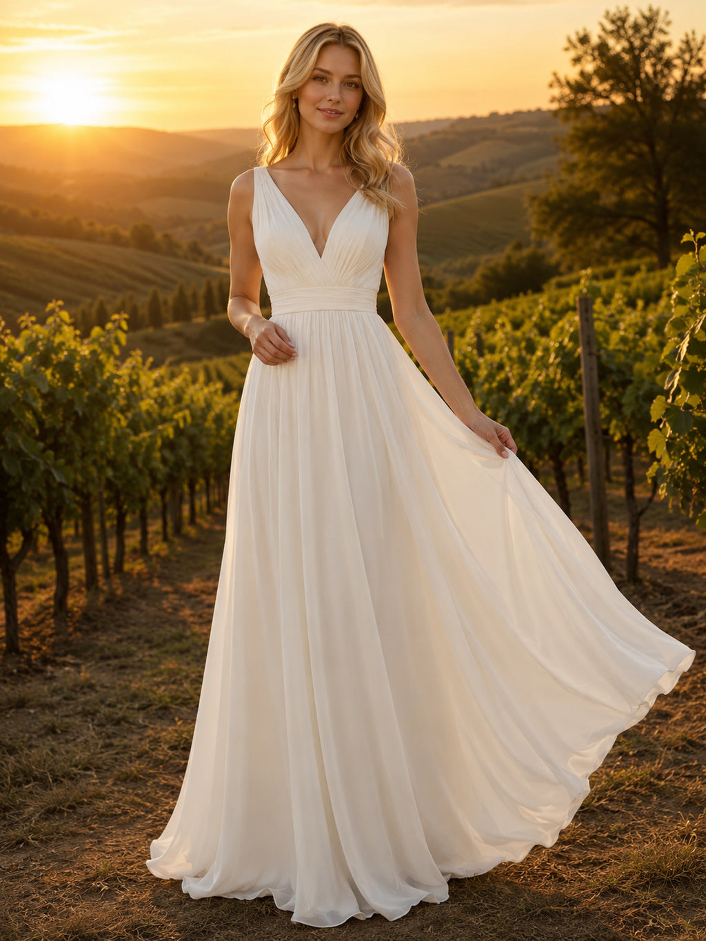 Flowing V-Neck Chiffon Vineyard Destination Elopement Bridal Gown front view