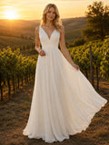 Flowing V-Neck Chiffon Vineyard Destination Elopement Bridal Gown front view