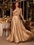 Champagne Cowl Neck Satin A Line Floor Length Guest Dress front view