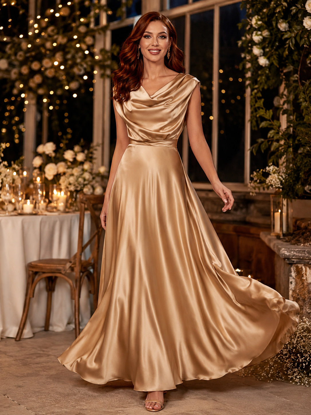 Champagne Cowl Neck Satin A Line Floor Length Guest Dress front view