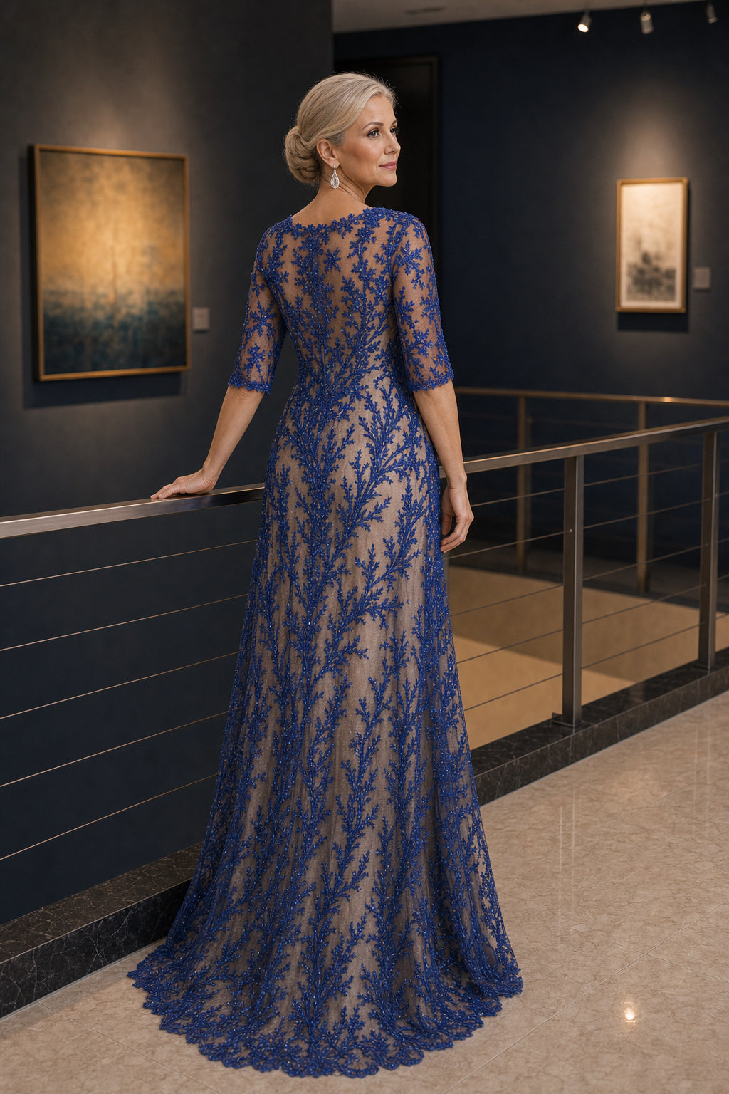 Navy Bateau Short Sleeve Sheath Lace Floor-Length Dress With Sheer Lace Overlay