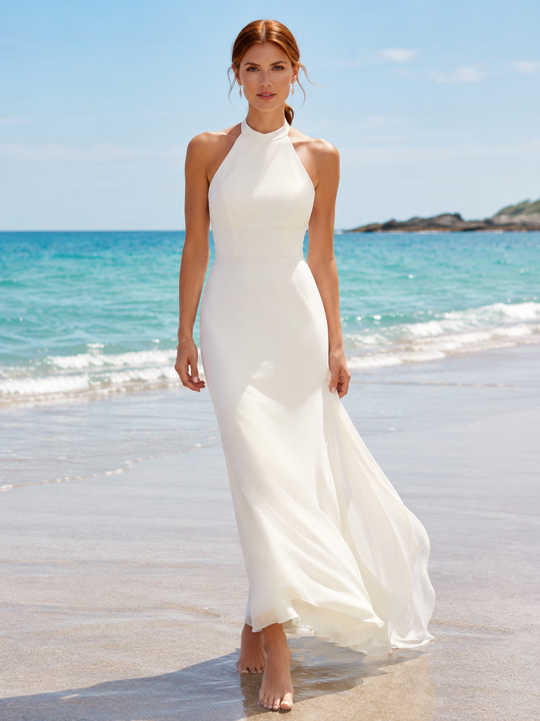 Lightweight High Neck Halter Backless Chiffon Sheath Beach Wedding Dress front view