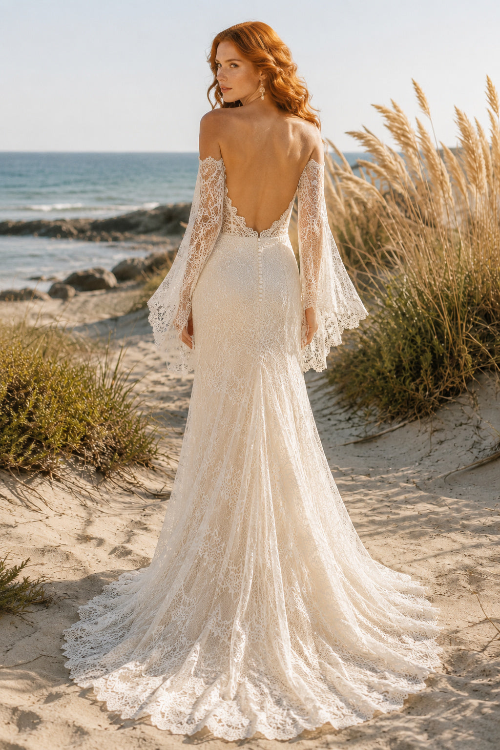Ivory Off Shoulder Long Sleeve Lace Mermaid Wedding Dress Train for Bridal Ceremony and Reception back view