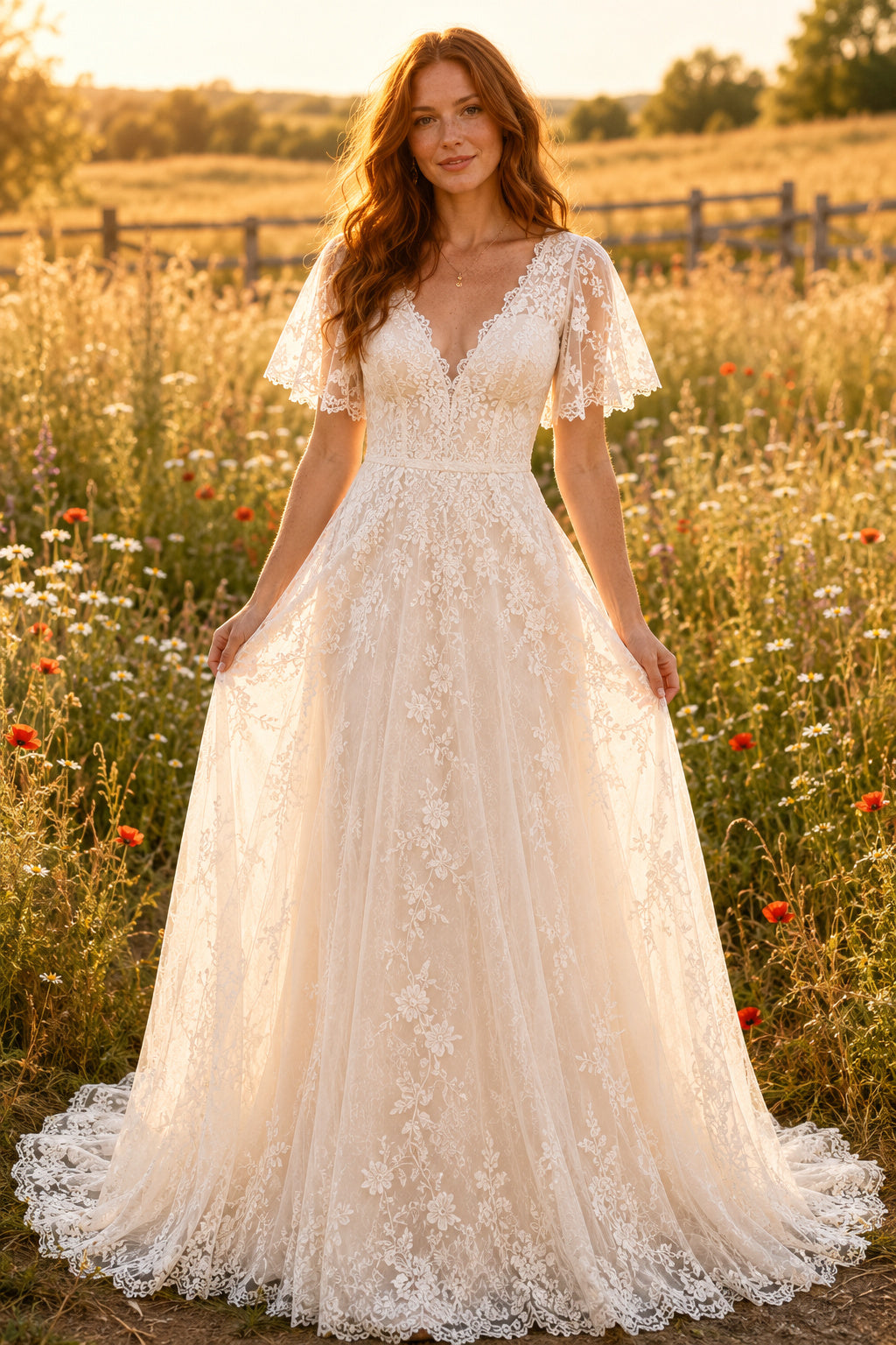 Flutter Sleeve V-Neck A-Line Wedding Dress with Lace Appliques and Full Train for Rustic Garden Ceremony Style MG_700679 fron