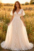 Flutter Sleeve V-Neck A-Line Wedding Dress with Lace Appliques and Full Train for Rustic Garden Ceremony Style MG_700679 fron
