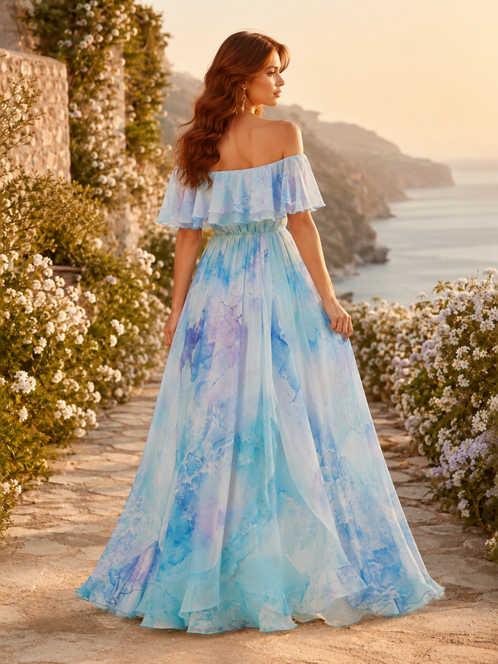 Aqua Off Shoulder Watercolor Ruffle Chiffon Maxi Guest Dress back view