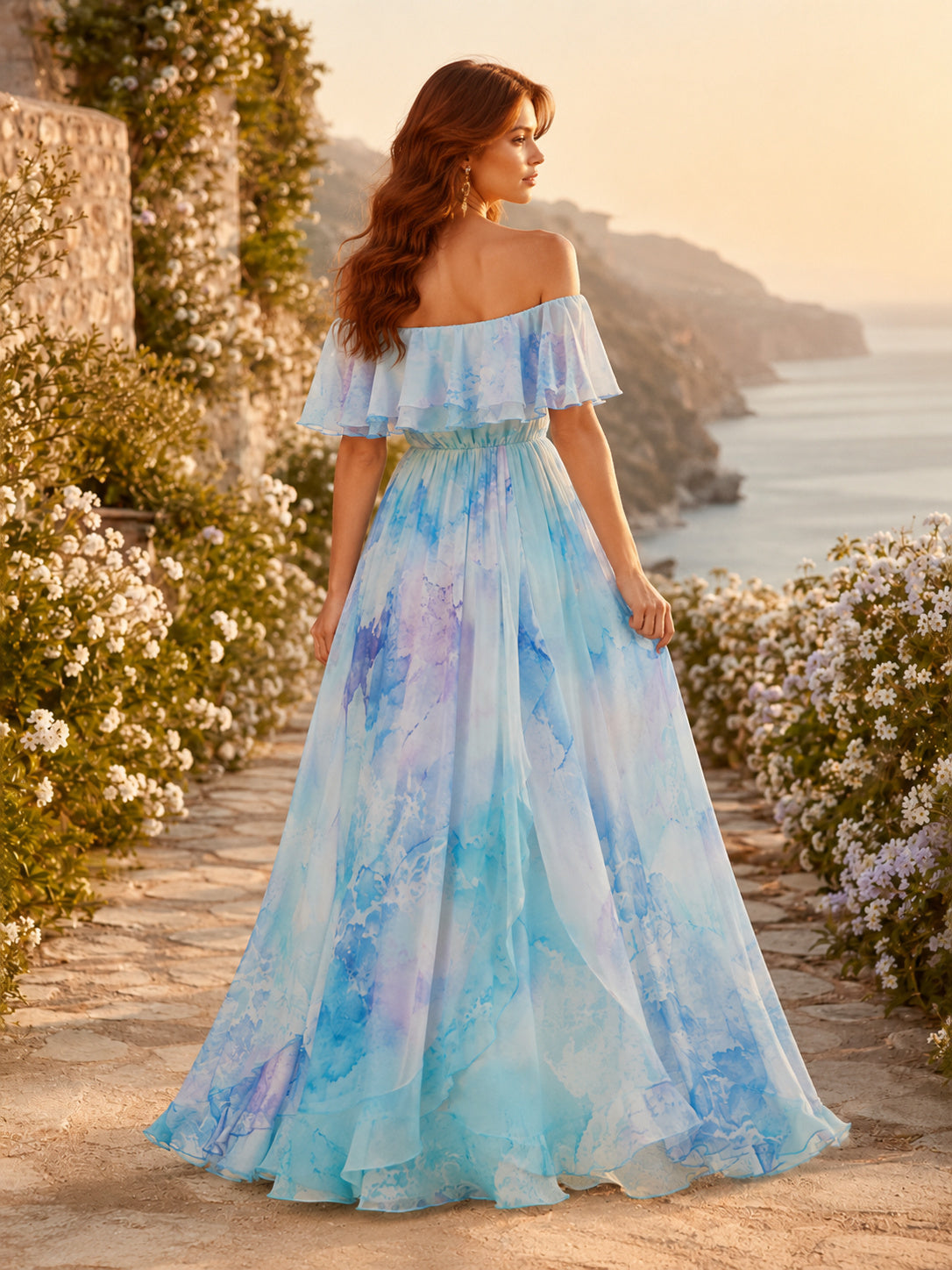 Aqua Off Shoulder Watercolor Ruffle Chiffon Maxi Guest Dress back view
