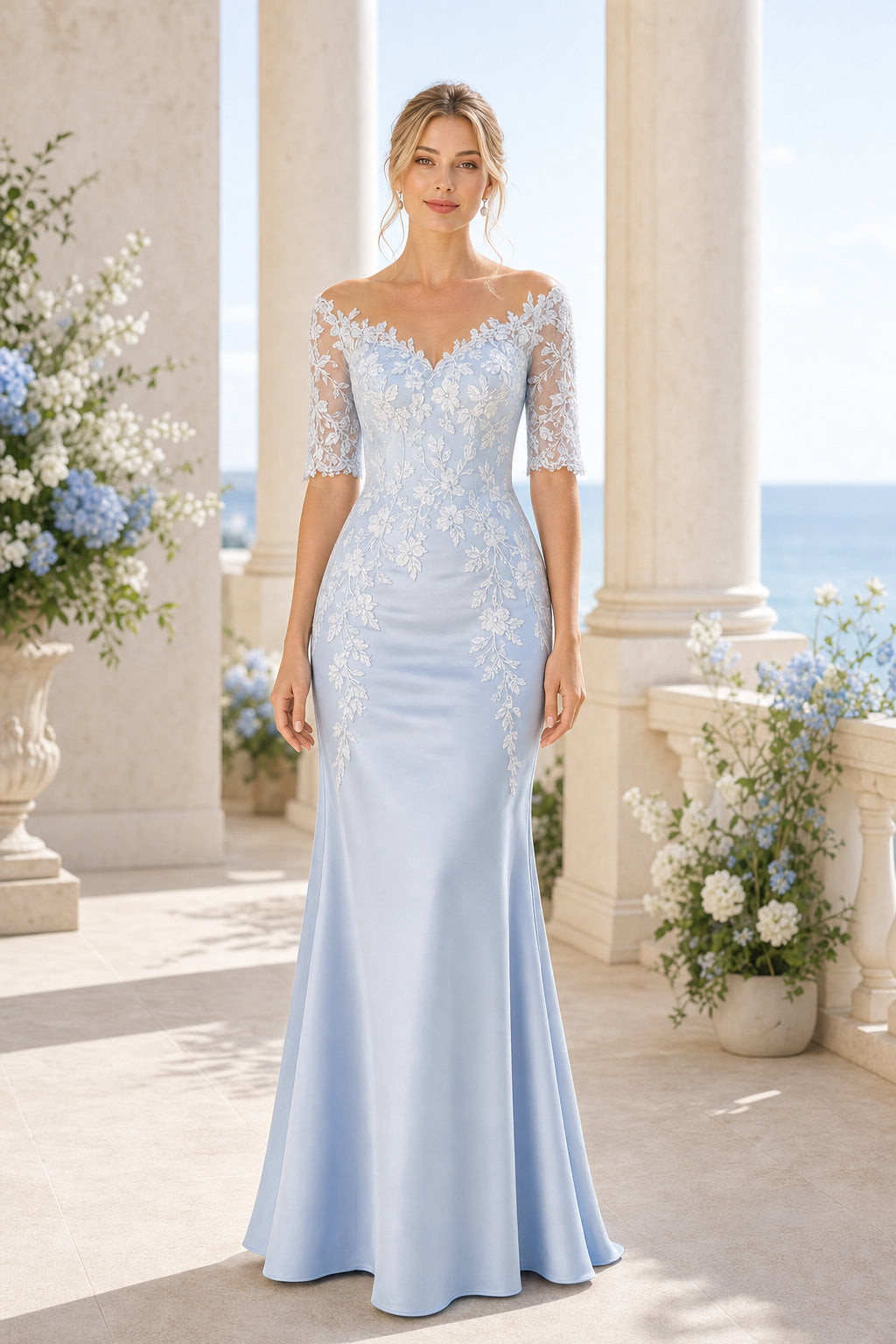 Light Blue V-neck Spaghetti Strap Mermaid Lace Floor-Length Dress With Train