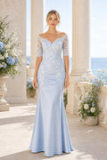 Light Blue V-neck Spaghetti Strap Mermaid Lace Floor-Length Dress With Train
