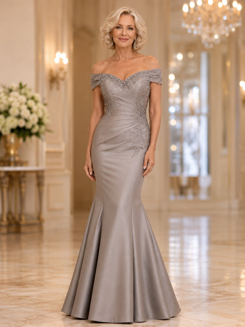 Silver Luxury Floor-Length Mermaid Mother of the Bride Metallic Jacquard Gown with Off-Shoulder Neckline Ruched Waist and Swe