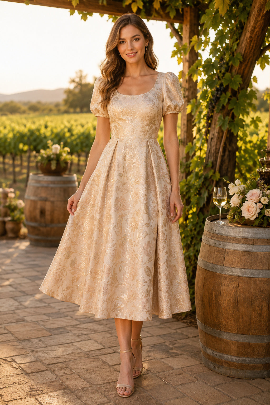 Dark Navy Vineyard Wedding Guest Sheath Dress front view