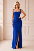 Royal Blue square neck sheath gown with wide straps and thigh slit Floor-length Sheath Formal Dress front view