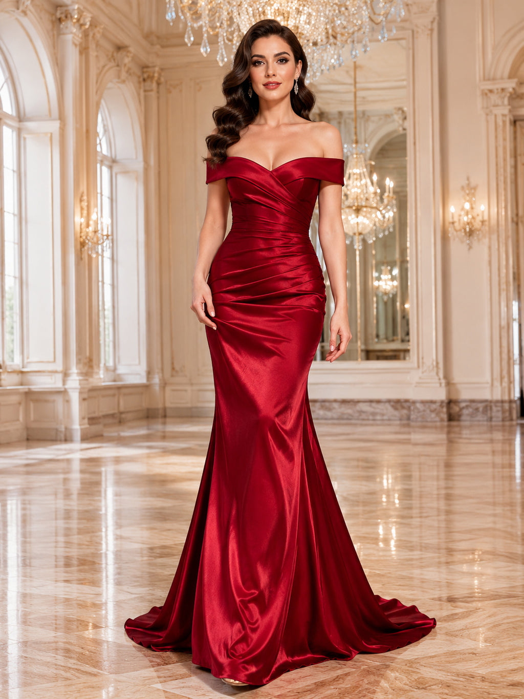 Red off shoulder sweetheart satin mermaid floor length prom gown front view