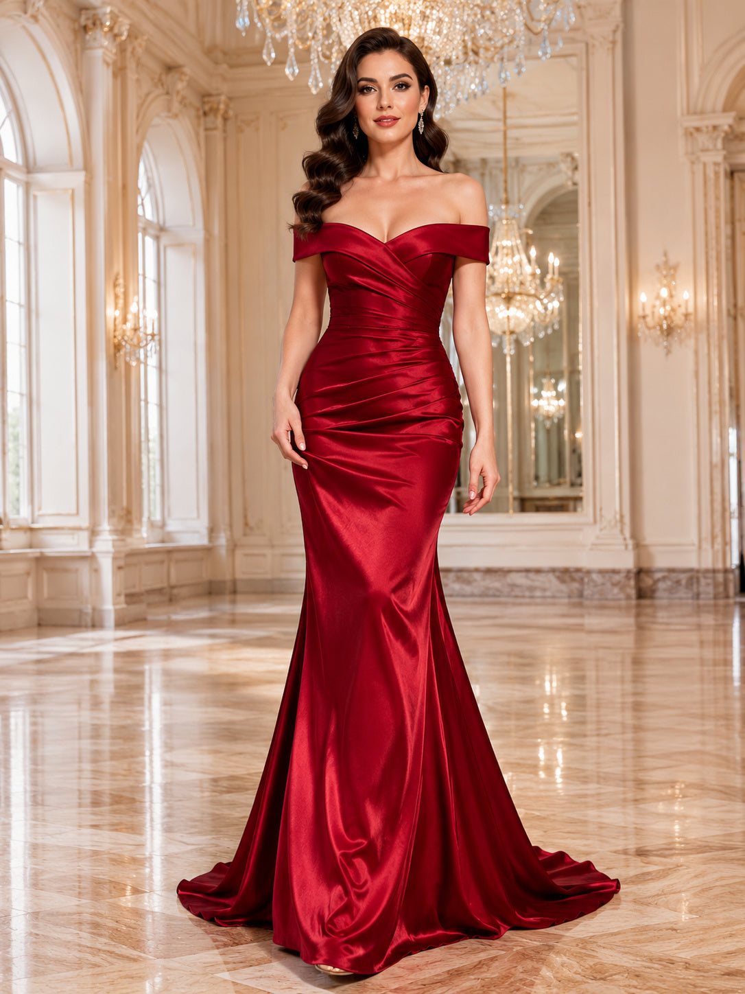 Red off shoulder sweetheart satin mermaid floor length prom gown front view