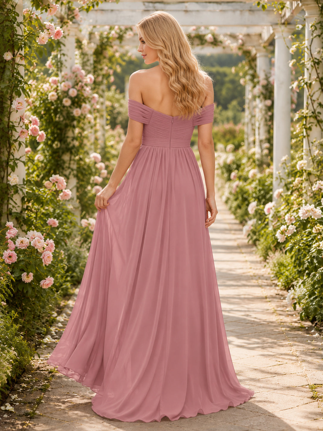 Dusty Rose Outdoor Garden A-Line Chiffon Bridesmaid Dress with Off-Shoulder Sweetheart Short Sleeve Bodice, Pleated Floor-Len
