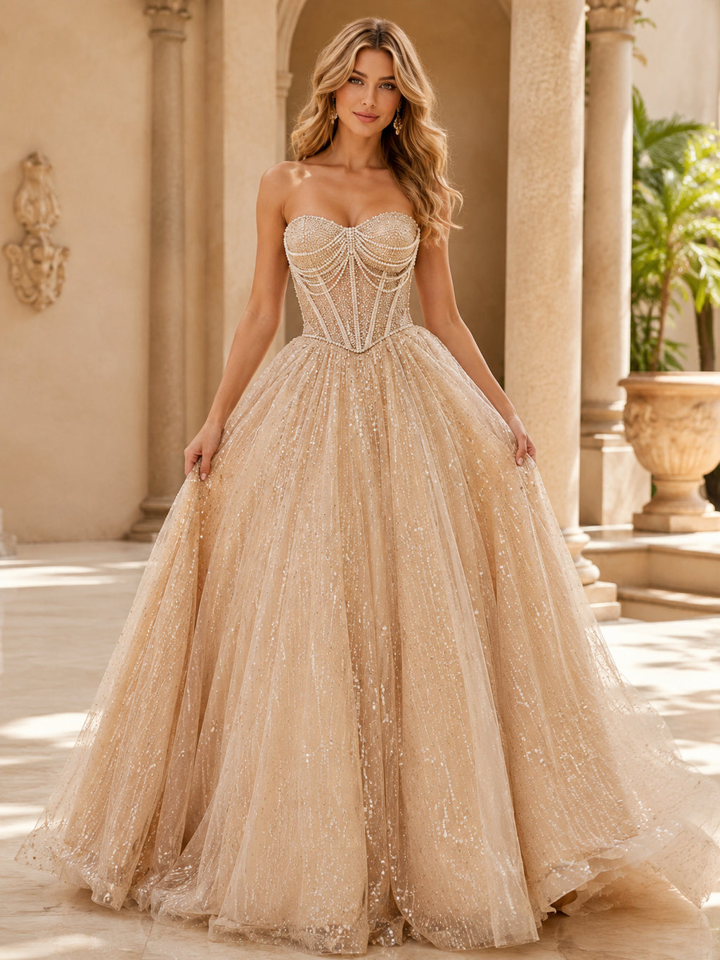 Champagne Luxury Strapless Pearl Draped Corset Glitter Quinceanera Princess Ball Gown front view