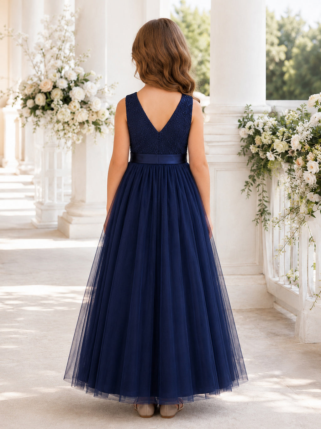 Flower Girl Dress Dark Navy Tulle A-Line Sleeveless V Neck Neck Floor Length Floral Applique back view