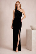 Black One Shoulder Velvet Sheath Cocktail Gown With Thigh Slit Floor-Length Sheath Cocktail Dress front view