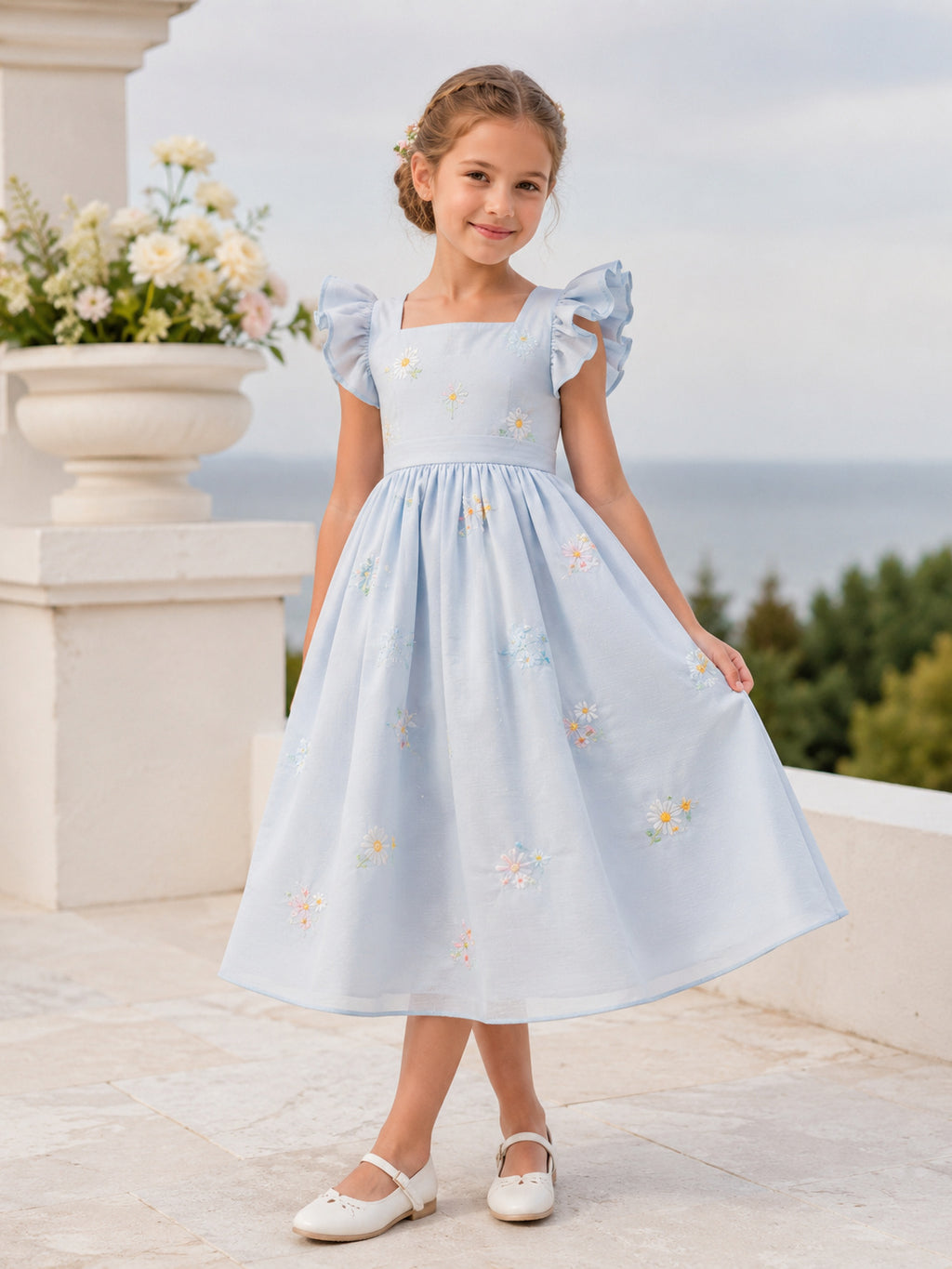 Sky Blue Tulle A-Line Flower Girl Dress with Sleeveless, Jewel Neck, Tea-Length Skirt, Bow Detail front view