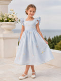 Sky Blue Tulle A-Line Flower Girl Dress with Sleeveless, Jewel Neck, Tea-Length Skirt, Bow Detail front view