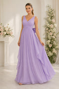 Lavender V Neck Sleeveless Chiffon Dress with Bow Back Floor Length A-Line Bridesmaid Dress front view