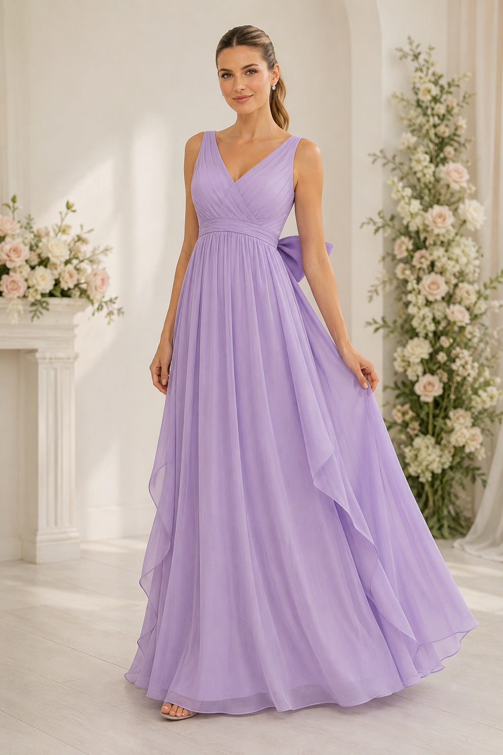Lavender V Neck Sleeveless Chiffon Dress with Bow Back Floor Length A-Line Bridesmaid Dress front view