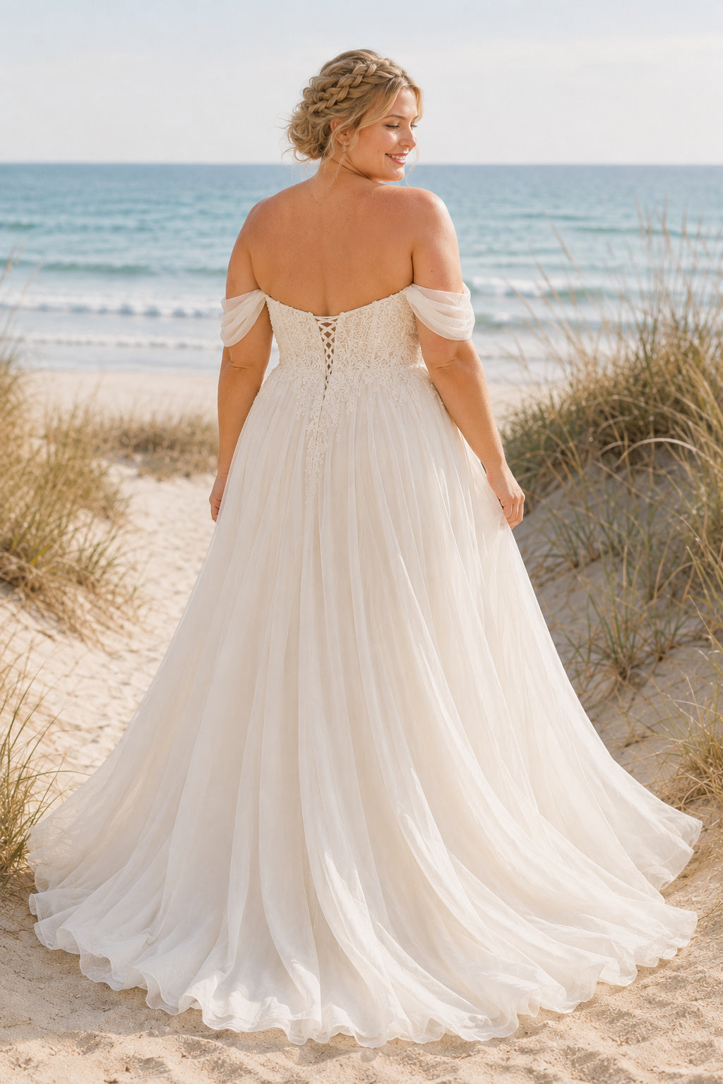 Plus Size Ivory Off-the-Shoulder Sweetheart Flutter Sleeve Lace Tulle A-Line Wedding Dress with Soft Tulle Skirt and Sweep Tr
