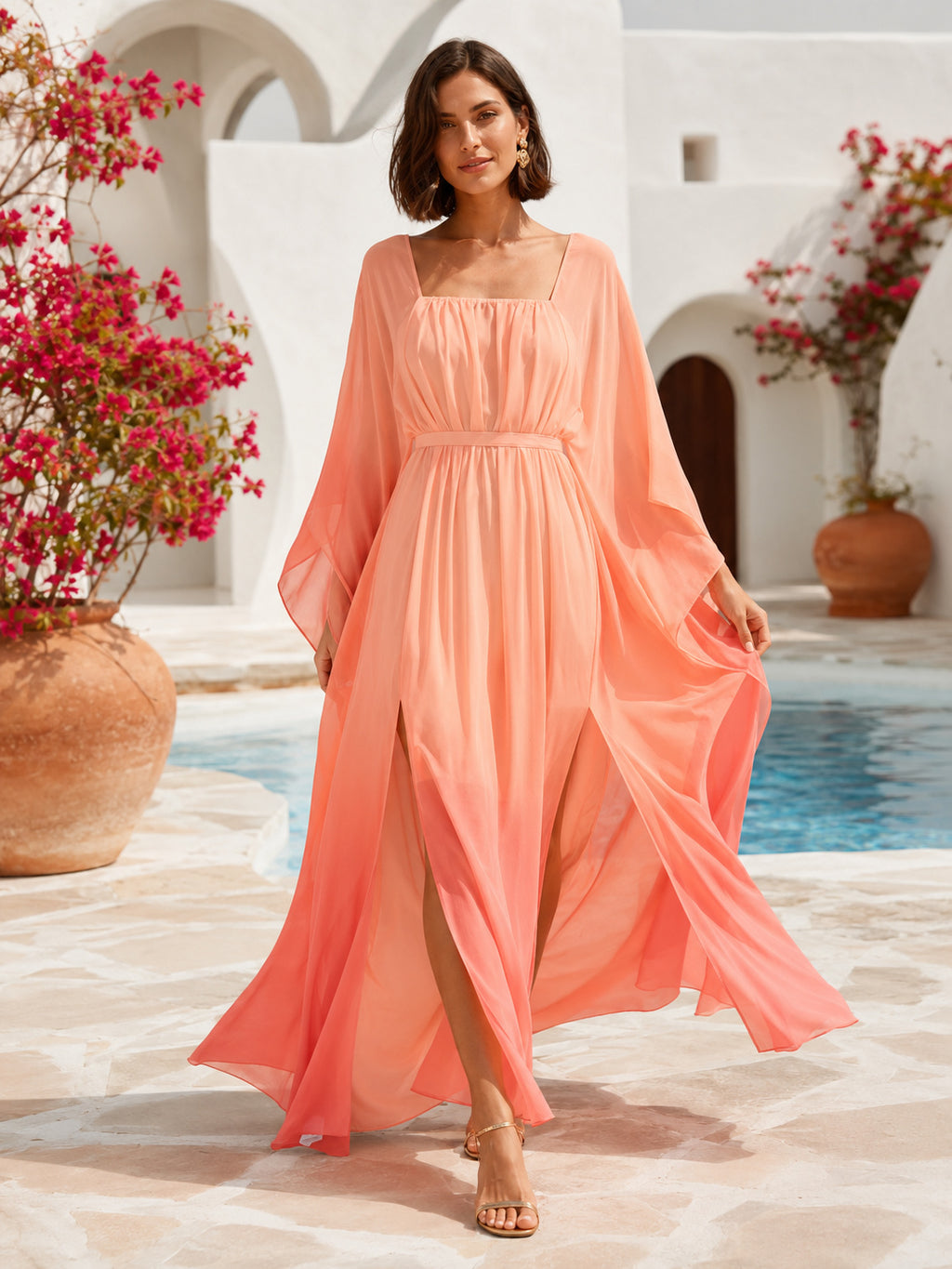 Coral long sleeve V-neck kaftan poolside maxi dress front view