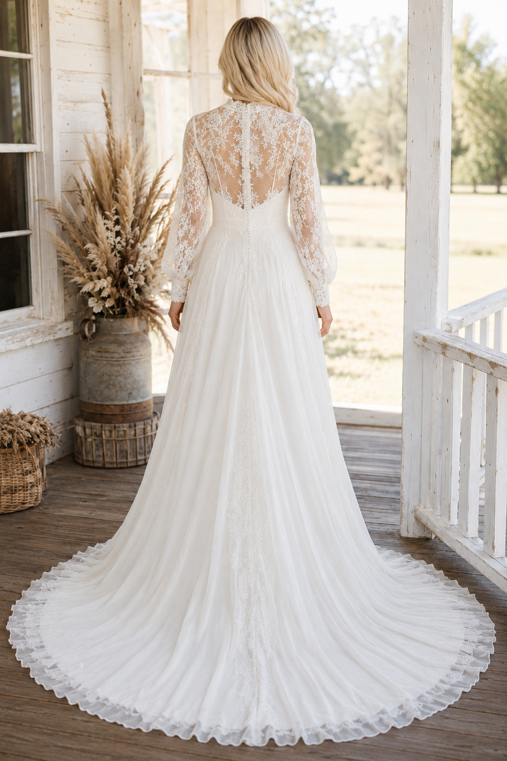 Ivory High Neck Long Sleeve Chiffon A-Line Wedding Dress with Lace Yoke and Train back view