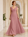 Dusty Rose V-Neck Chiffon Fit And Flare Formal Dress front view