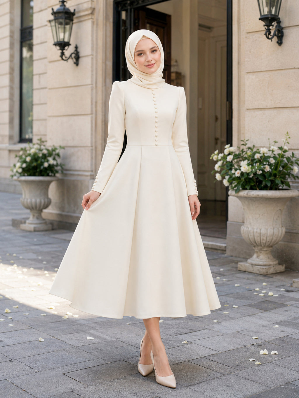 Modest Muslim Button Front Tea Length Court Wedding Dress front view