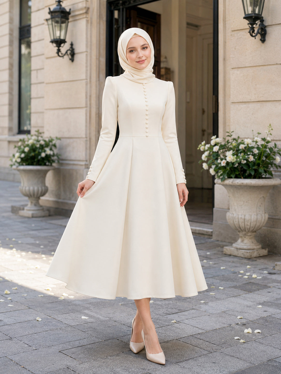 Modest Muslim Button Front Tea Length Court Wedding Dress front view