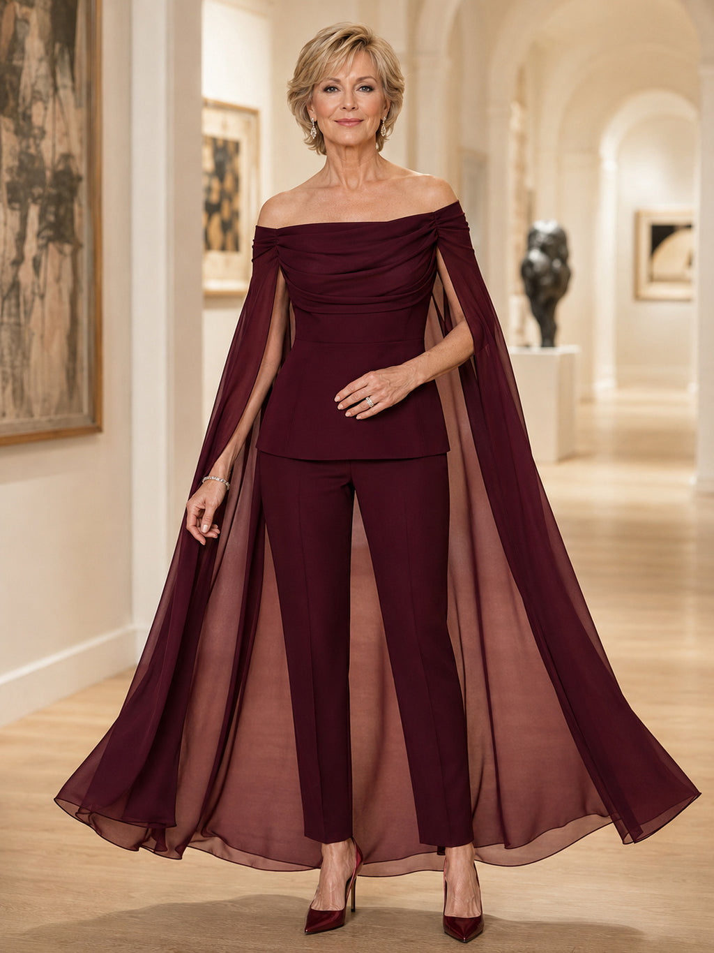 Burgundy Romantic Off-Shoulder Ruched-Peplum Tapered Mother of the Bride Pantsuit with Long Split Cape Sleeves and Ankle-Leng