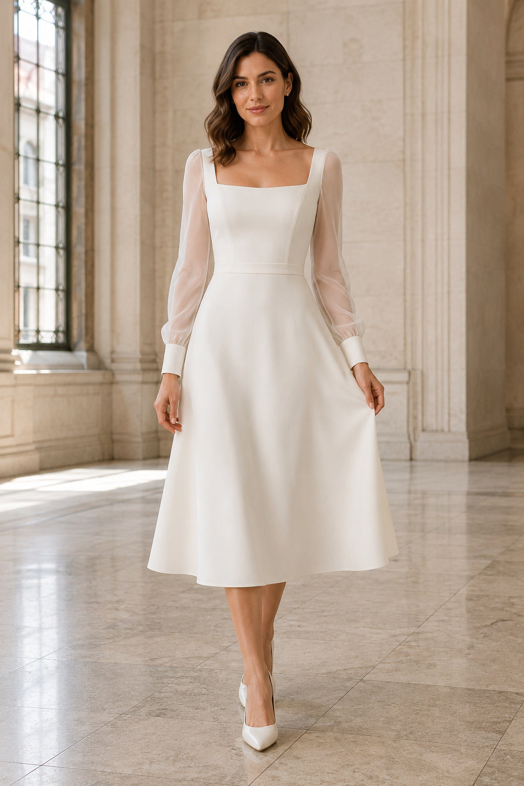 Square Neck Satin Tea-Length Wedding Dress with Soft A-Line Skirt front view