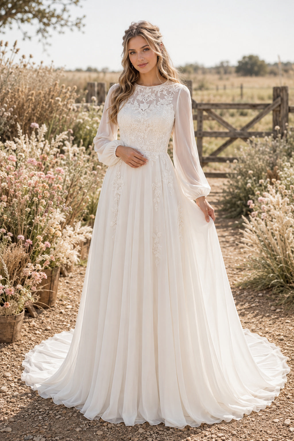 Maternity High Neck Long Sleeve A-Line Wedding Dress with Empire Waist and Train front view