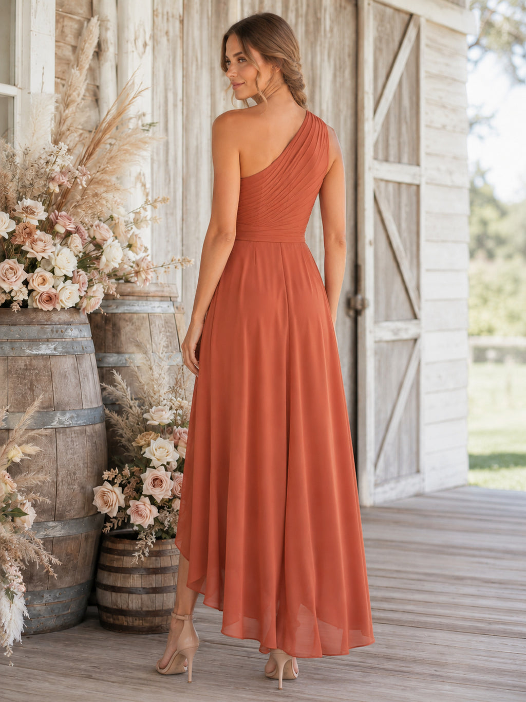 Terracotta One Shoulder Draped Chiffon High Low Guest Dress back view