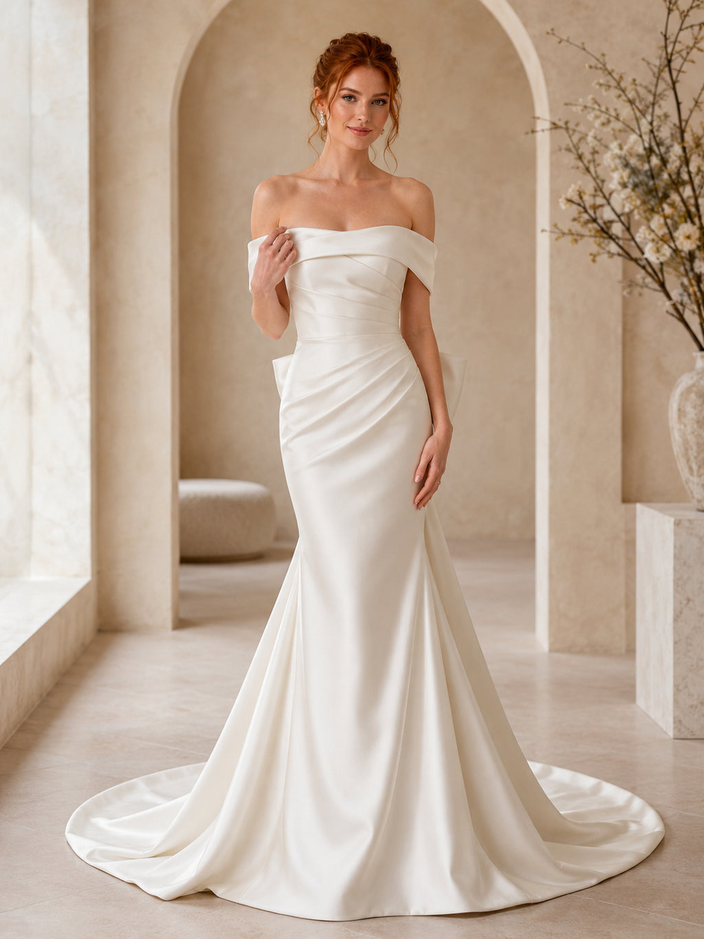 Minimalist Satin Wedding Dress Mermaid Off Shoulder Court Train Bridal Gown front view