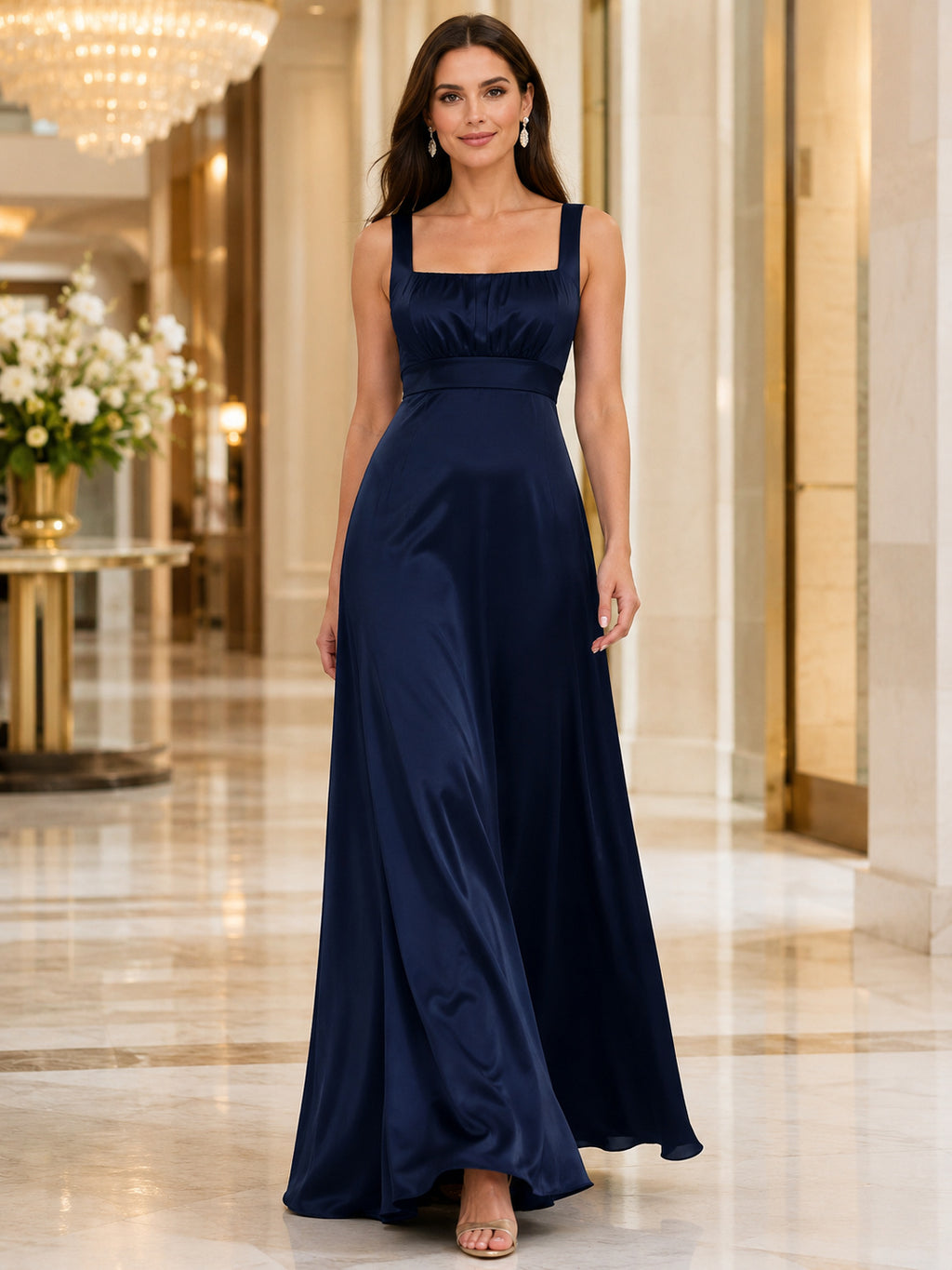 Dark Navy Square Neck Satin Empire Formal Dress front view